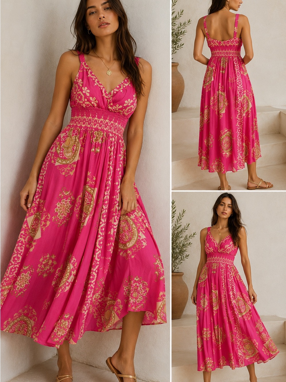 🌺 NWT Pink Boho Greca Print Midi Dress | Size L/XL 🌺